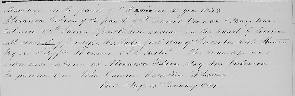 30 Dec. 1843 Alexander Gibson & Mary Ann Robinson
